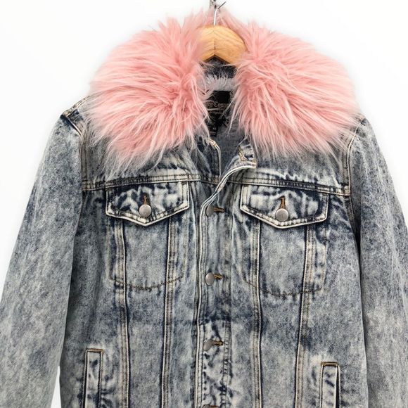 Juicy Couture Black Label Pink Fur Collar Acid Wash Denim Sherpa Lined Jacket - Picture 5 of 14